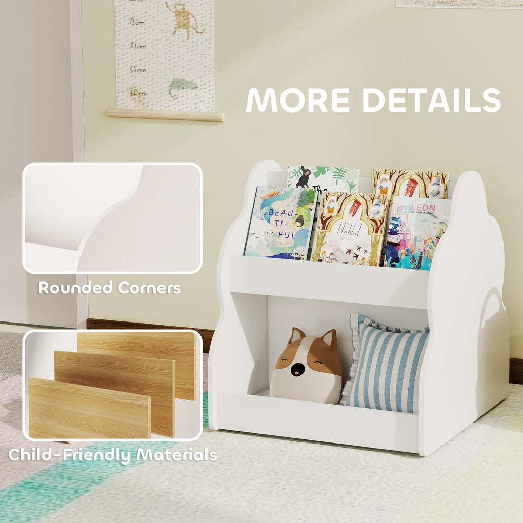 AIYAPLAY Regał dziecięcy, dwupoziomowy regał na książki dla dzieci z kółkami, 4 półki, do pokoju dziecięcego, pokoju zabaw, 54x50x56 cm, Biały