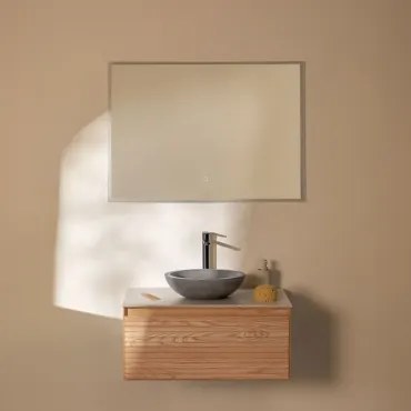 Zestaw Wiszących Mebli Łazienkowych Z Drewna Jesionowego Tedrik Popielaty Brąz & Okrągły Szary Cement Ø40 - Sklum