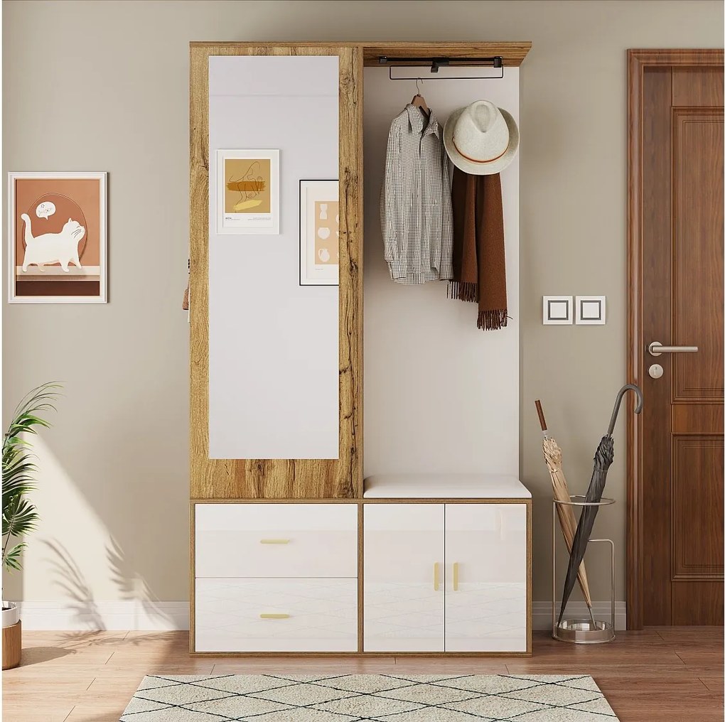 Wieszak na ubrania z lustrem, ławką na buty i wysuwanym drążkiem na ubrania – biały i naturalny