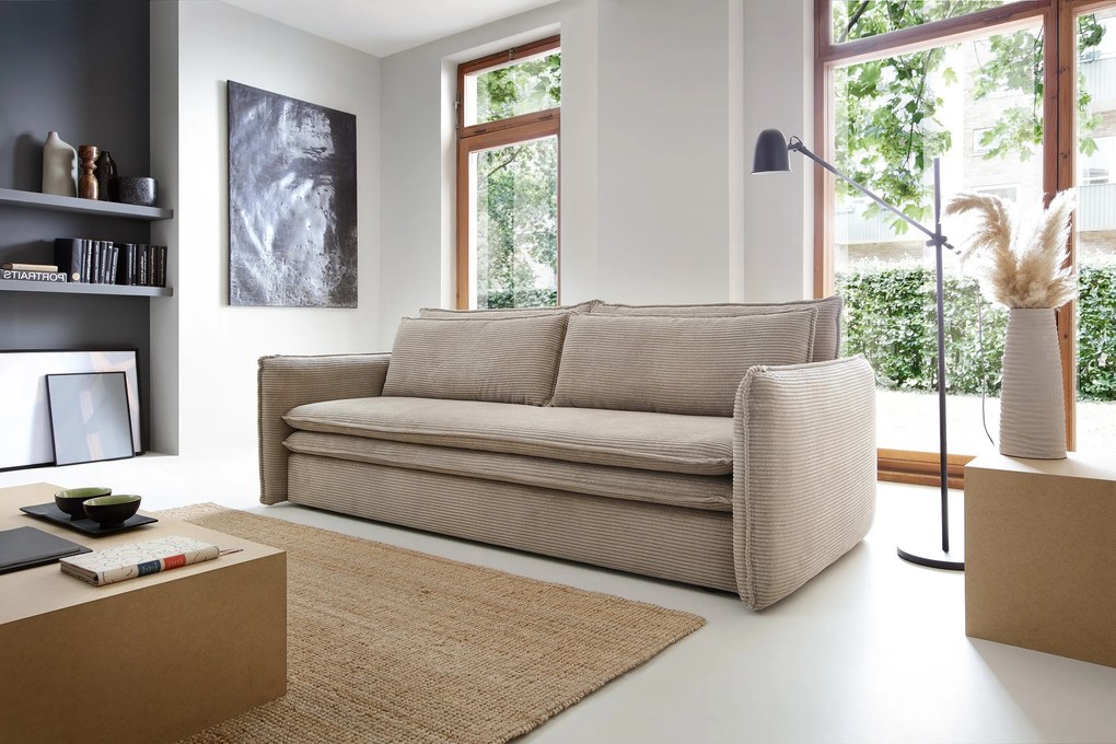 Masseno Sofa SCORZA z funkcją spania i pojemnikiem na pościel, Rozkładana sofa - Beżowy, POSO 03
