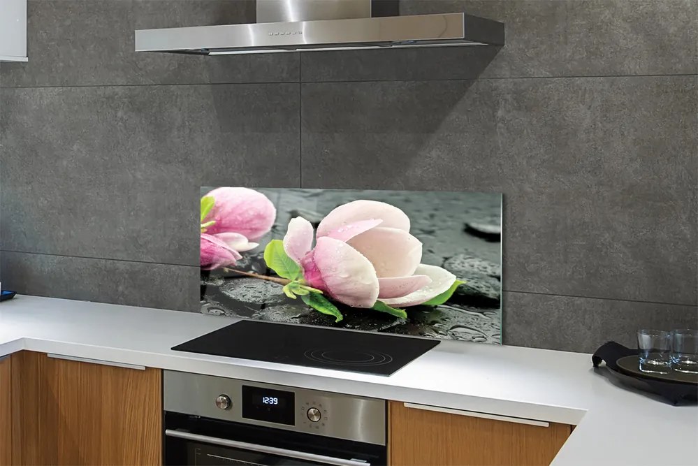 Szklany Panel Kwiat Magnolii na Kamieniach