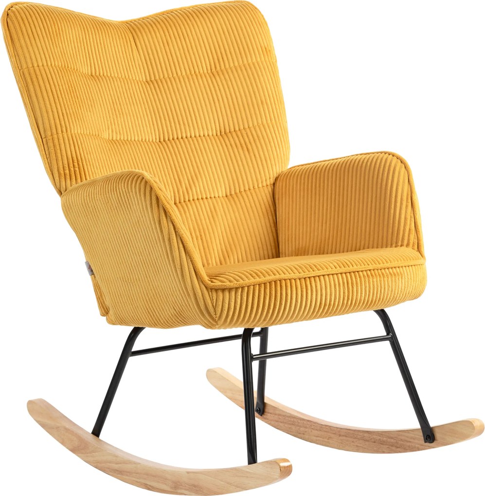 HOMCOM Krzesło bujane vintage, zakrzywione płózki, grube wypełnienie, buk &amp; stal, Żółte