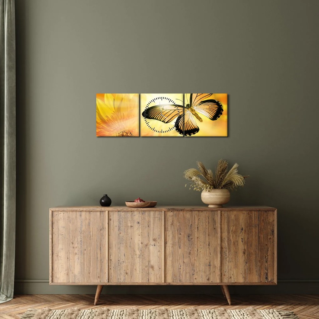 Obraz - Żółty motyl z kwiatkiem (z zegarem) (90x30 cm)