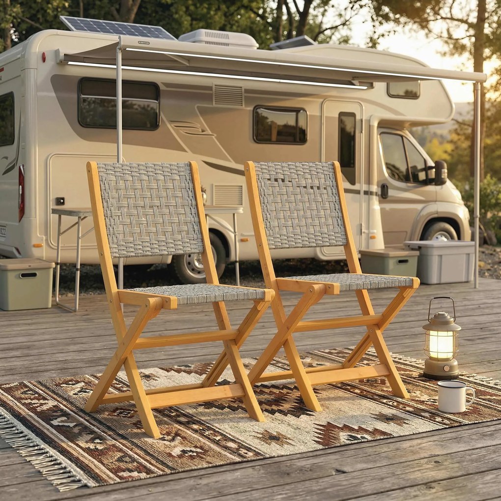 Outsunny Krzesła Ogrodowe 2 Sztuki FSC Składane z Oddychającym Siedziskiem Wygodna Wysokość z Litego Drewna i Polirattanu | Aosom PL