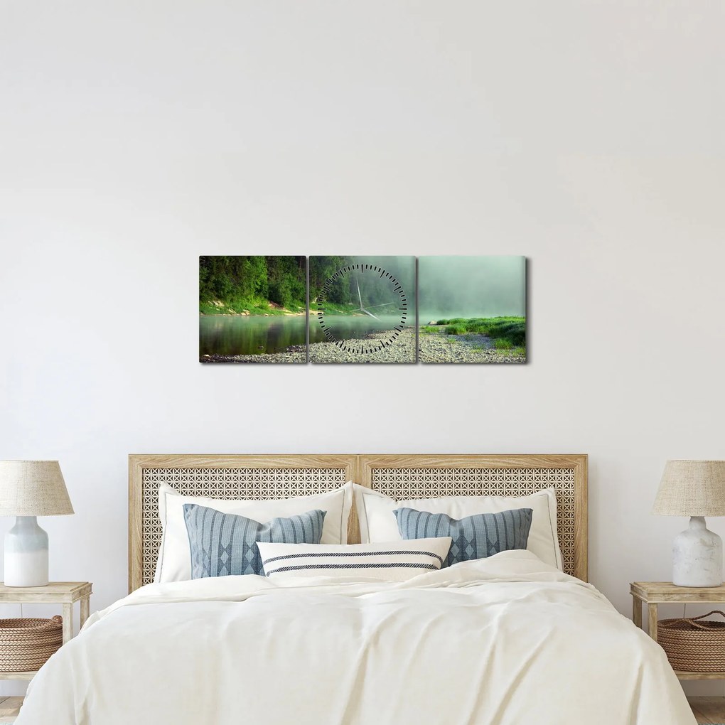 Obraz - rzeka przy lesie (z zegarem) (90x30 cm)