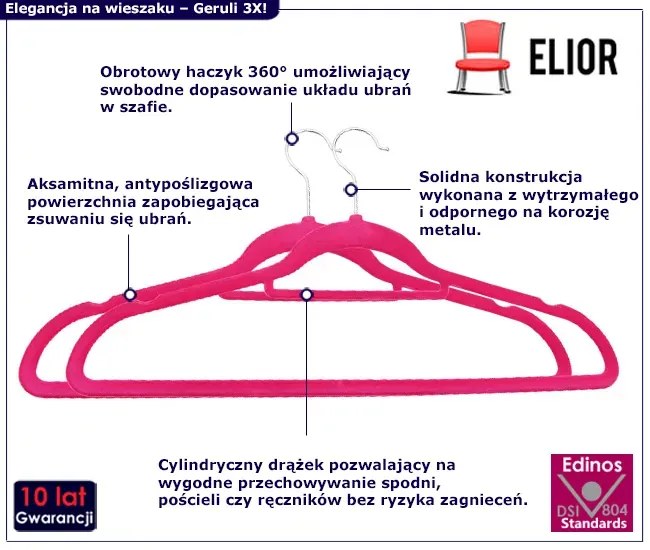 Komplet 20 szt. różowych aksamitnych wieszaków M3-R36