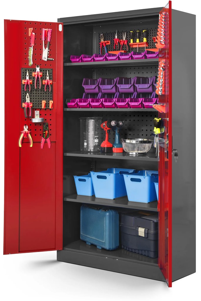 Warsztatowo-narzędziowa szafa metalowa BRUNO, 920 x 1850 x 500 mm, antracytowo-czerwona