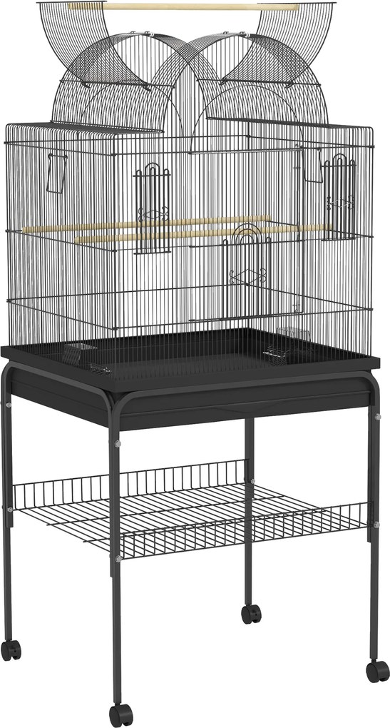 PawHut Mobilna klatka dla kanarków i falistych, z dolną półką, metalowa siatka, Czarna