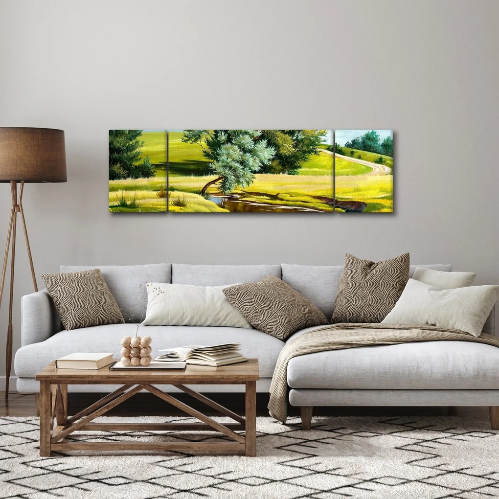 Obraz - rzeka między łąkami, obraz olejny (170x50 cm)