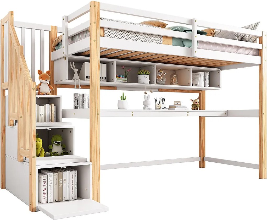 Drewniane łóżko na antresoli 90x200cm - ze schodami do przechowywania + biurkiem + podstawą z listew - Biały i Naturalny