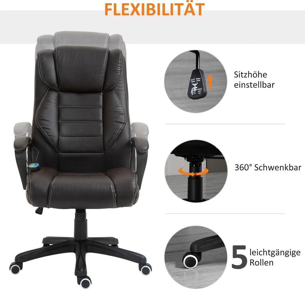 Vinsetto Krzesło biurowe z funkcją masażu, regulowany fotel dyrektorski, ergonomiczny fotel obrotowy, 6 punktów wibracyjnych, Brązowe