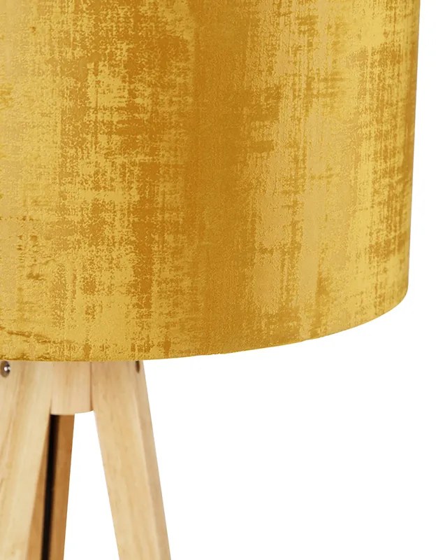 Lampa podłogowa drewniana z abażurem z tkaniny w kolorze złotym 50 cm - Tripod Classic Nowoczesny Oswietlenie wewnetrzne