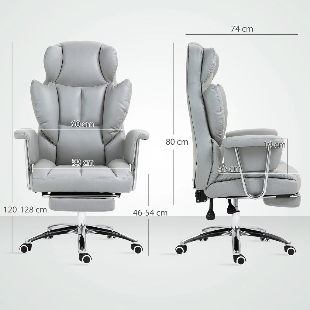 HOMCOM Ergonomiczne Krzesło Biurowe, Tapicerowane, z Podnóżkiem, Regulowana Oparcie, Obrotowe 360°, Jasnoszary