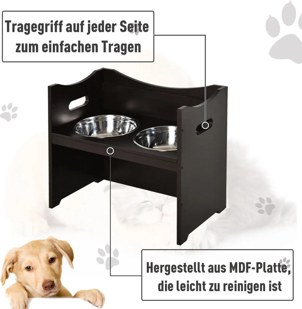 PawHut Miska dla Psów Regulowana Wysokość Stal Nierdzewna MDF Ciemnobrązowy 54x315x47 | Aosom PL