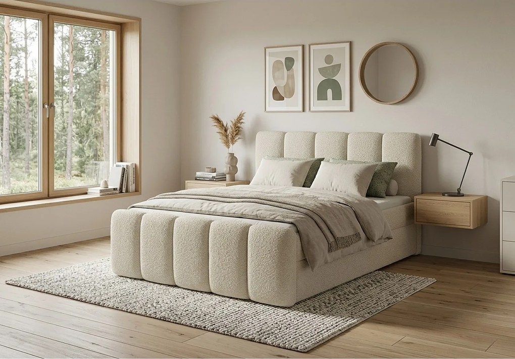 Stylowe łóżko tapicerowane KORA 200x200 cm w tkaninie CENTAUR 1 złamanej bieli