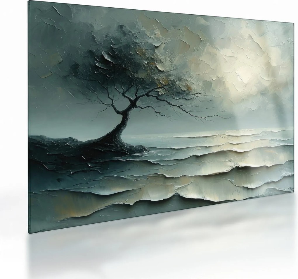 Obraz na szkle - Obraz olejny przedstawiający drzewo z oceanem (70x50 cm)