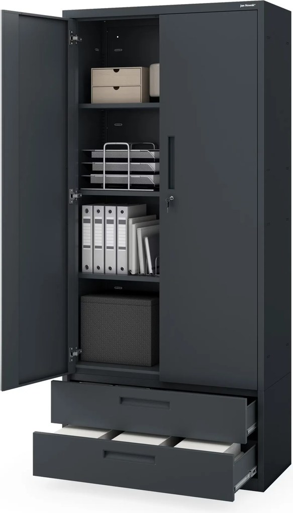 Szafa modułowa metalowa wielofunkcyjna z dwiema szufladami antracytowa MEGAN 1950 x 900 x 400 mm