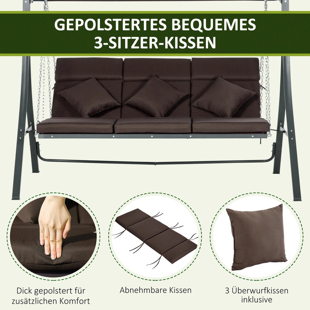Outsunny Hollywoodzka Huśtawka Ogrodowa na 3 Osoby z Regulowanym Dachem Texteline Komfort i Styl Brązowy Czarny 198x118x168cm | Aosom PL