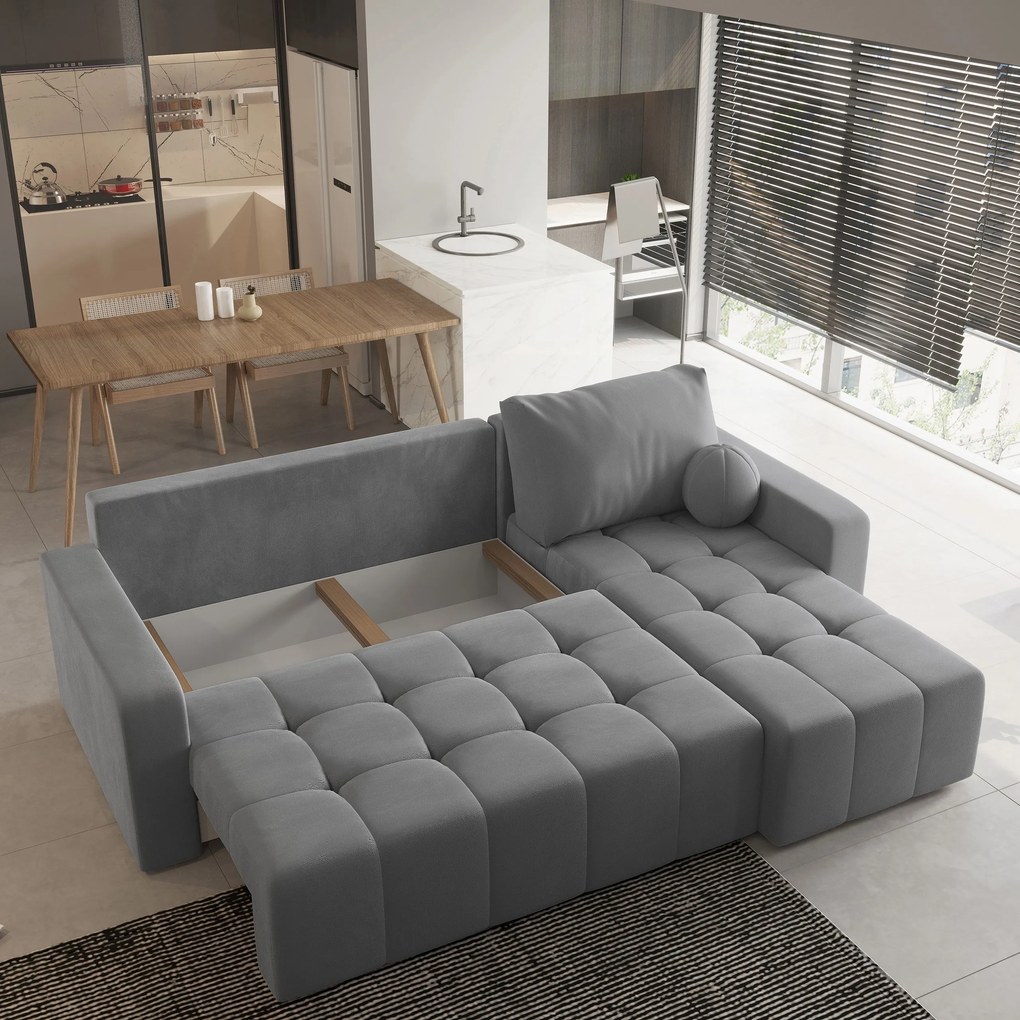 Masseno Narożnik VOLIRA z funkcją spania i pojemnikiem na pościel Narozniki L, Rozkładana sofa - Szary, KRONOS 15