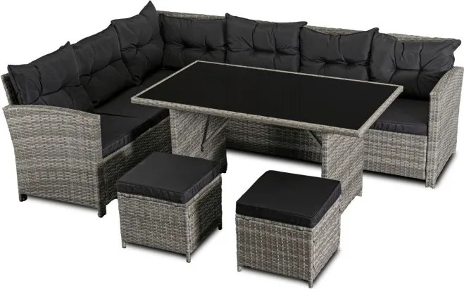 Zestaw Mebli Ogrodowych DALLAS Szary/Czarny Narożnik Pufy Stolik Tarasowy Technorattan Nowoczesny