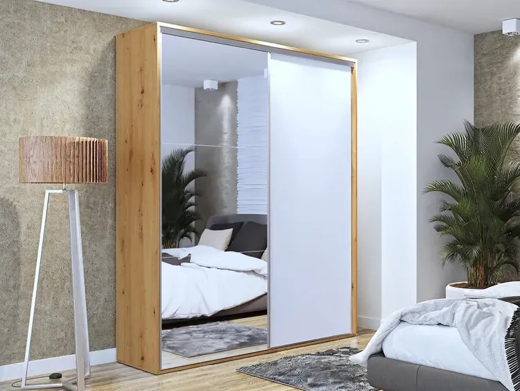 Przesuwna szafa z lustrem dąb artisan + biały L3-D08