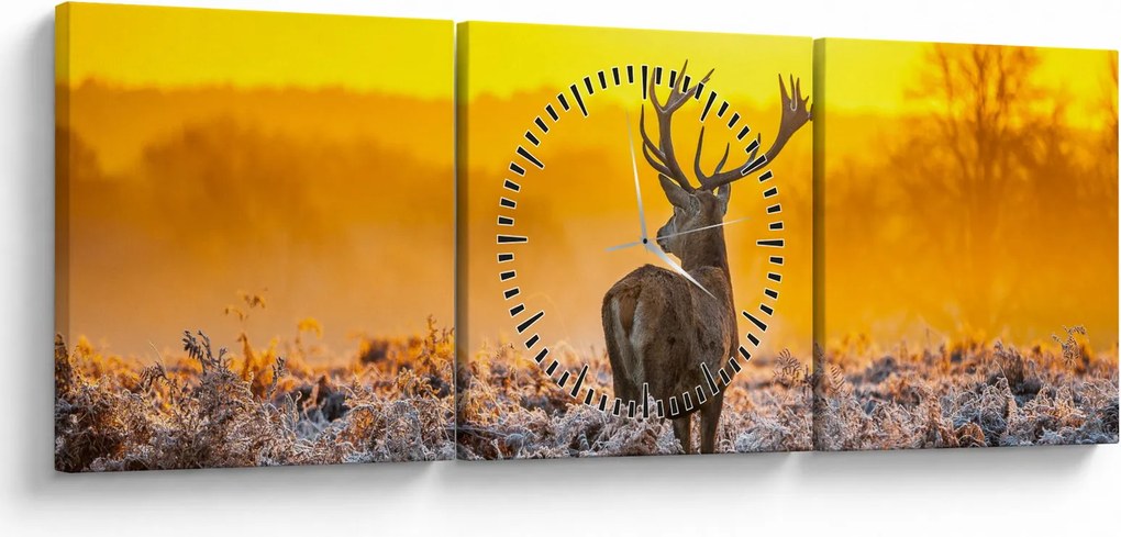 Obraz - Jeleń o wschodzie słońca (z zegarem) (90x30 cm)