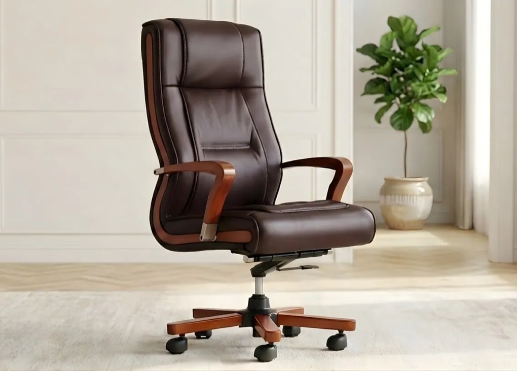 Klasyczny skórzany fotel do biura wygodny ze skóry naturalnej Ambassador. Podłokietniki i rama z drewna, skórzana tapicerka dostępna w kolorach czarnym, brązowym i kremowym. Meble klasyczne gabinetowe.
