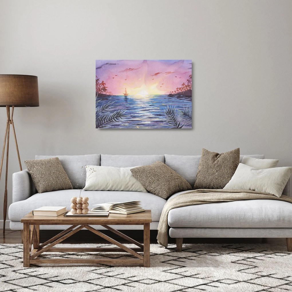 Obraz na szkle - Zachód słońca nad wodą, akwarela (70x50 cm)