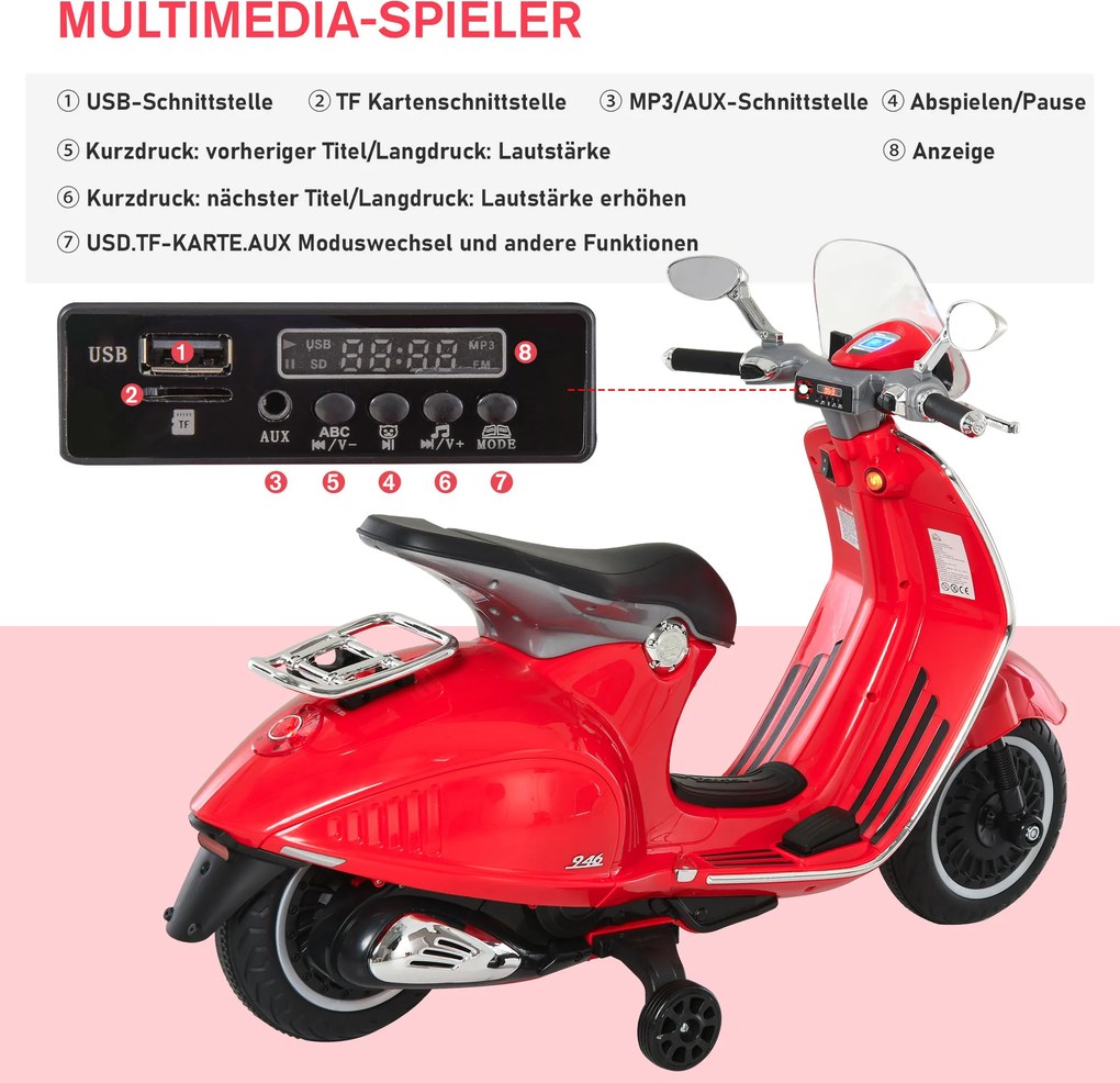 Motocykl dla dzieci HOMCOM z muzyką MP3 marki VESPA czerwony