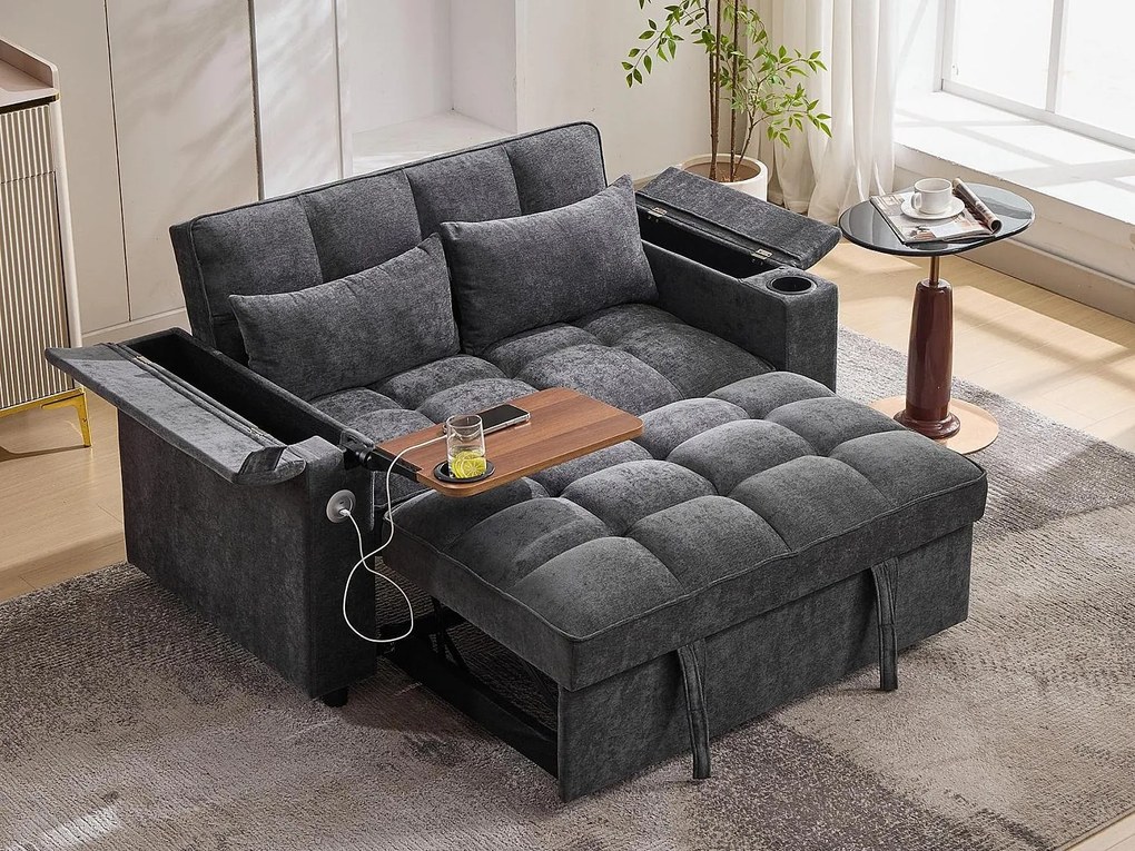 Rozkładana sofa dla 2 osób 140.5x74x82 cm - Regulowane oparcie - Port USB - Uchwyt na kubki - Stolik pomocniczy - Szary