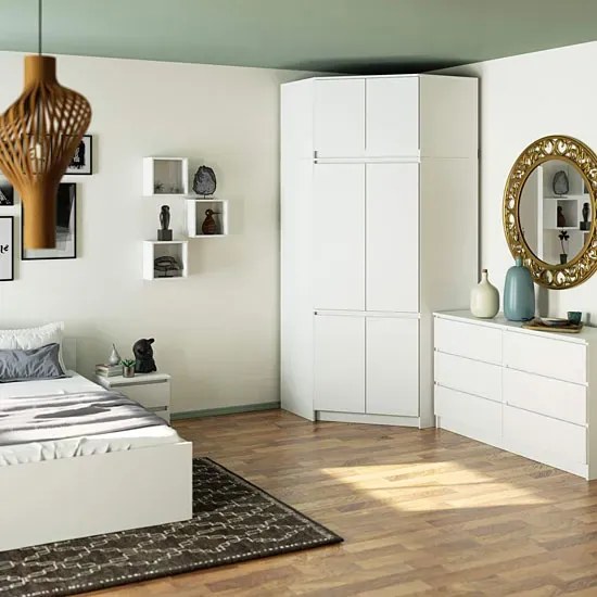 Biała narożna szafa na ubrania z nadstawką H4-N19