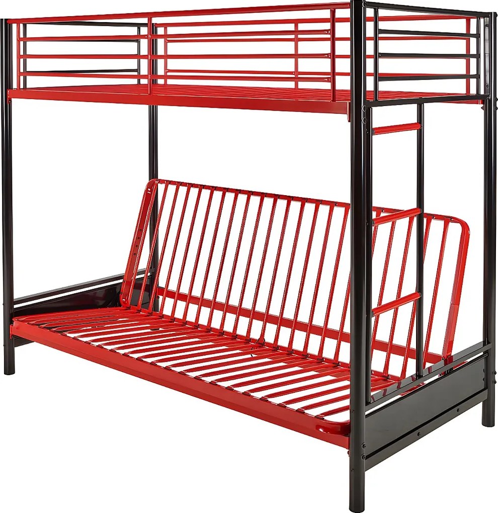 Łóżko na antresoli 90 x 190 cm - Z rozkładaną kanapą - Metal - Kolor czarny + czerwony + futon - MODULO V