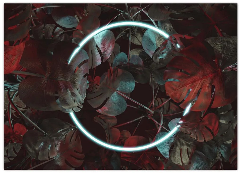 Obraz na szkle - Neonowe koło między palmami (70x50 cm)