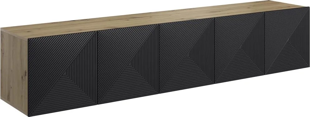 Szafka RTV wisząca Asha 200 cm z ryflowanym frontem - artisan / czarny mat