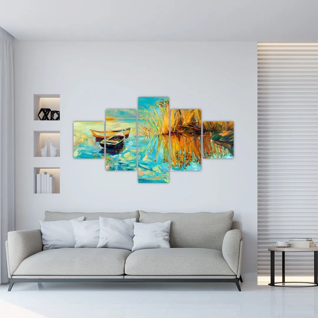 Obraz - Jezioro z łodziami (125x70 cm)