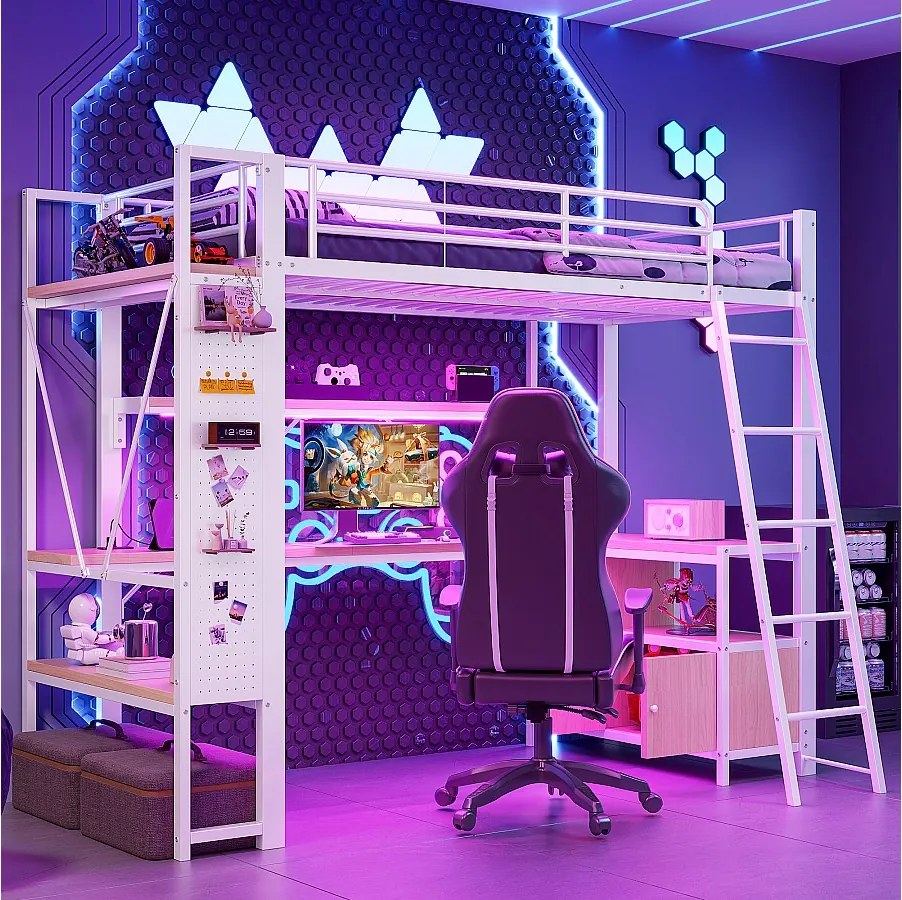 Łóżko piętrowe dla dzieci - 90 x 200 cm - rama żelazna - z diodami LED + biurko + półka + port USB - metalowe - białe