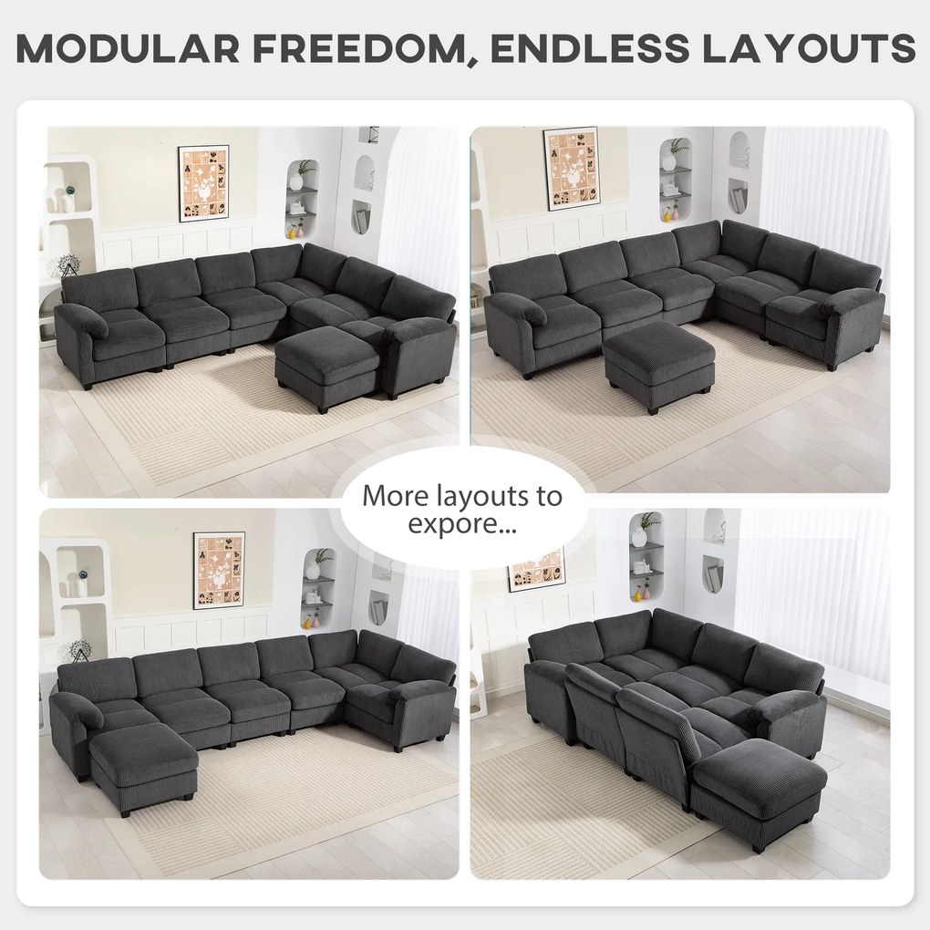 HOMCOM Narożna sofa w kształcie U, sofa z sprężynami kieszeniowymi, wyściełane podłokietniki, ruchomy szezlong, sztruks, 292x224x85 cm, ciemnoszary | Aosom PL