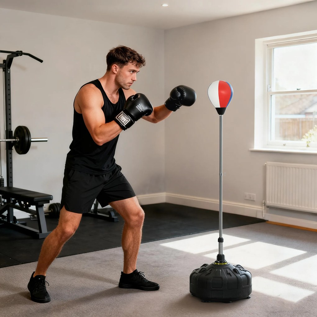 SPORTNOW Piłka treningowa, regulowana wysokość 147-165cm, podstawa do napełniania, Stal, Czerwony+Czarny+Biały