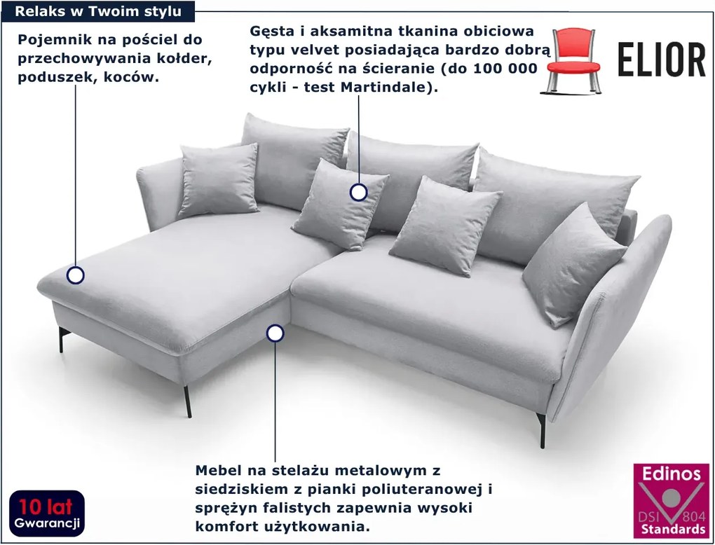 Jasnoszary narożnik rozkładany welurowy D2-B73