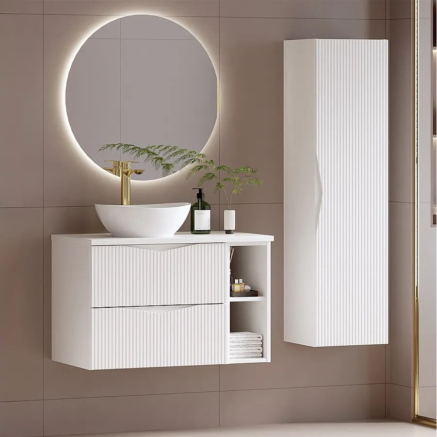 Biały Zestaw do Łazienki 80cm Szafka Regał Blat Ryflowane Fronty Cleo