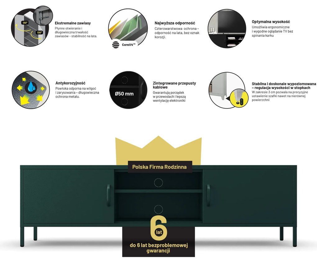 Szafka RTV długa XL butelkowa zieleń ROSARIA 1700 x 400 x 500