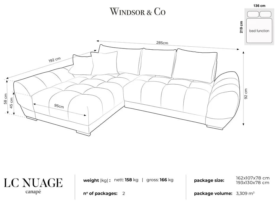 Ciemnoszary rozkładany narożnik z aksamitnym obiciem Windsor &amp; Co Sofas Nuage, lewostronny