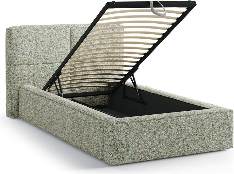 Zielone tapicerowane łóżko jednoosobowe ze schowkiem i stelażem 90x200 cm Darren – Micadoni