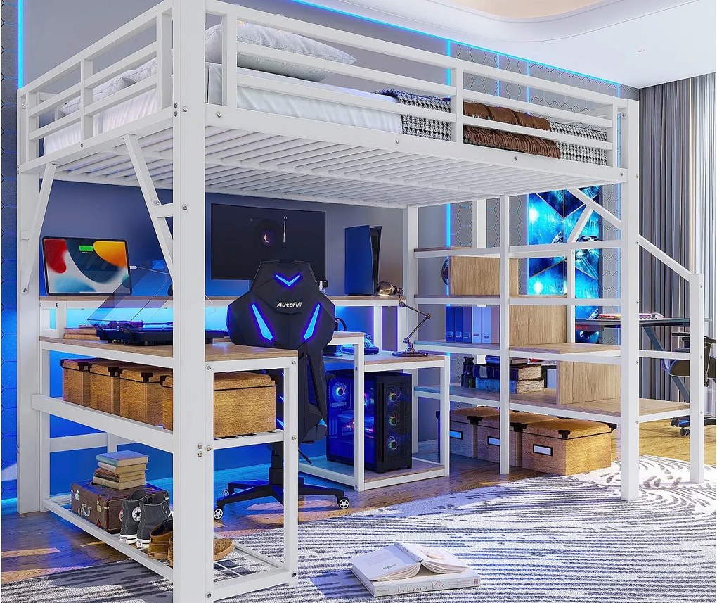 Łóżko na antresoli 140x200 cm - z drabiną bezpieczeństwa - z taśmą LED + biurkiem - z portem USB - biały​ (materac nie jest wliczony w cenę)
