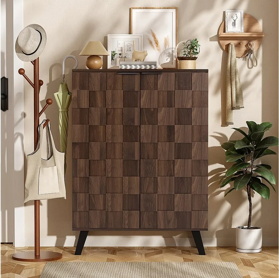 Nowoczesna szafka na buty 5-komorowa z ciemnego drewna - 80 x 35,5 x 110 cm - płyta wiórowa - kolor naturalny ciemny