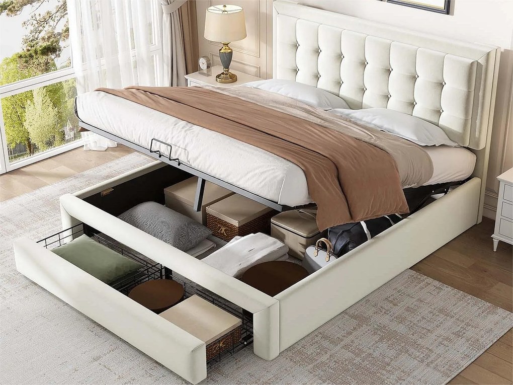 Łóżko z tapicerowanym zagłówkiem 180x200cm z weluru - z szufladą i stelażem na listwy - Beżowe (bez materaca)