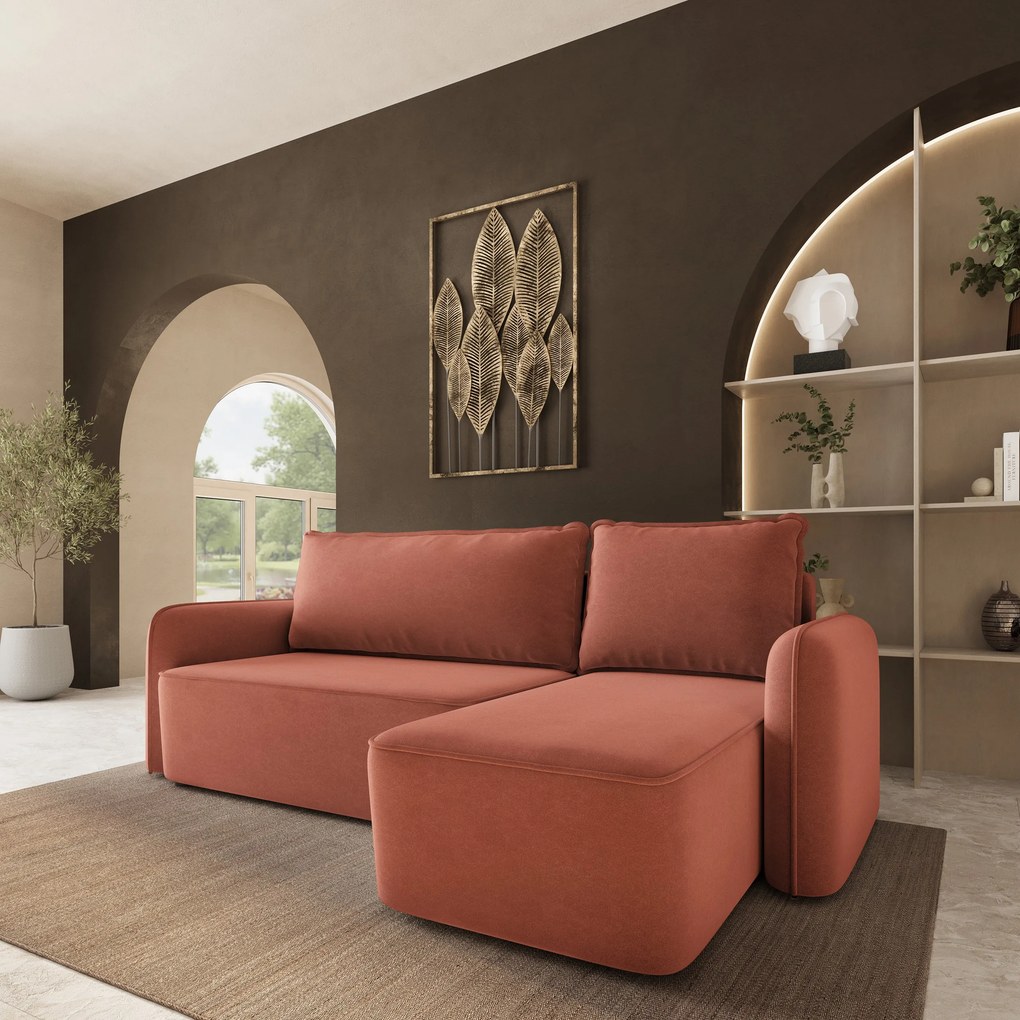 Masseno Narożnik DOLVER z funkcją spania i pojemnikiem na pościel Narozniki L, Rozkładana sofa - Koralowy, CASTEL 55
