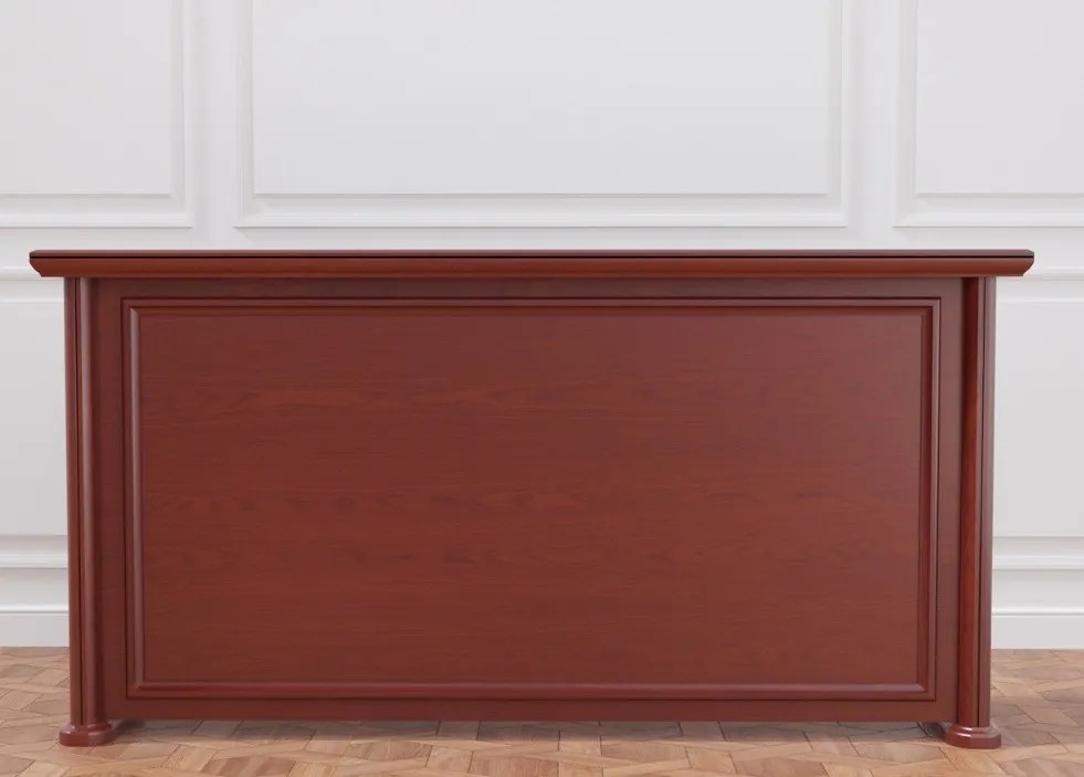 Elegancka lada recepcyjna Simposio fornirowana do recepcji, wymiary lady 220x50x110 cm. Lada recepcyjna w kolorze koniaku, ma klasyczne wykończenie. Sprawdzi się w stylowym biurze, recepcji lub hallu.