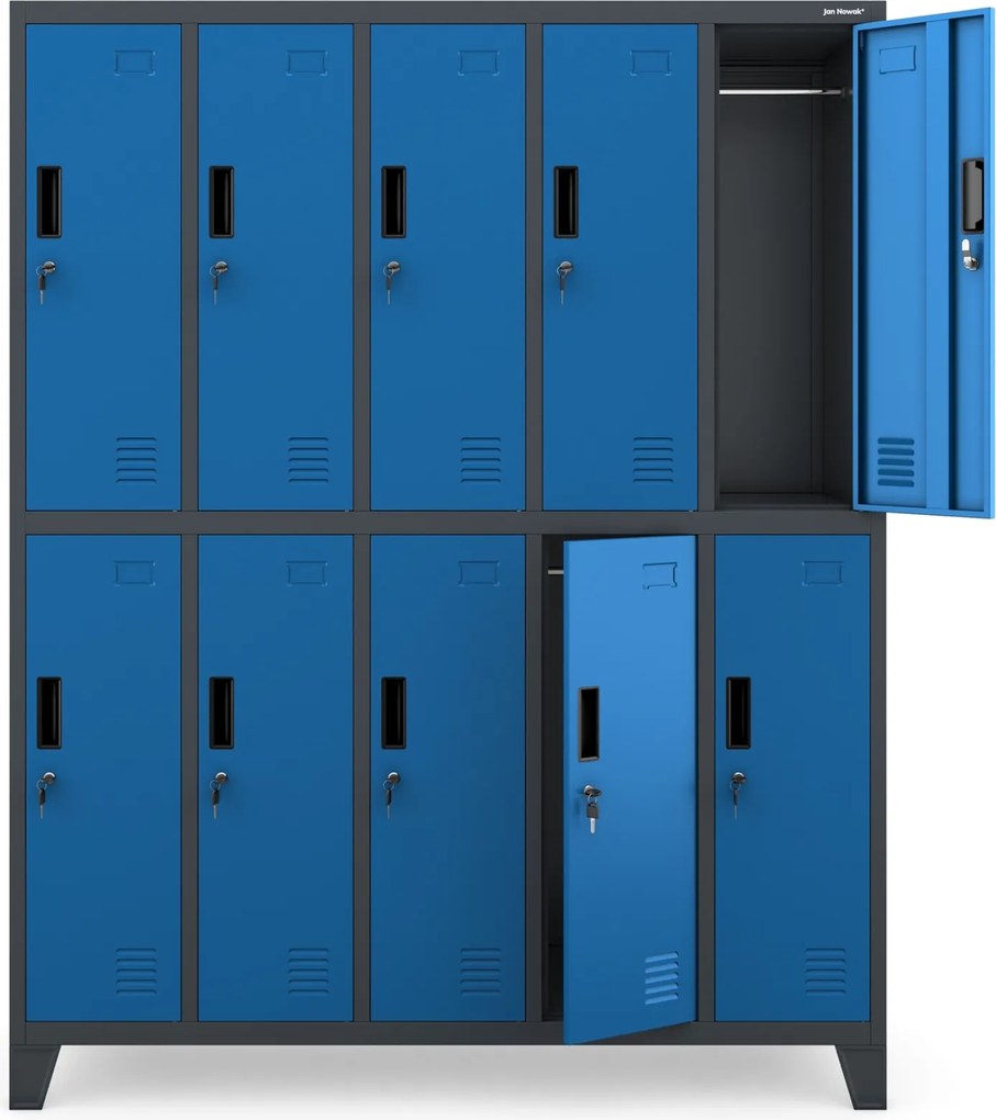 Metalowa szatnia 10-skrytkowa Bartek 136x45x172 cm, antracyt/niebieski