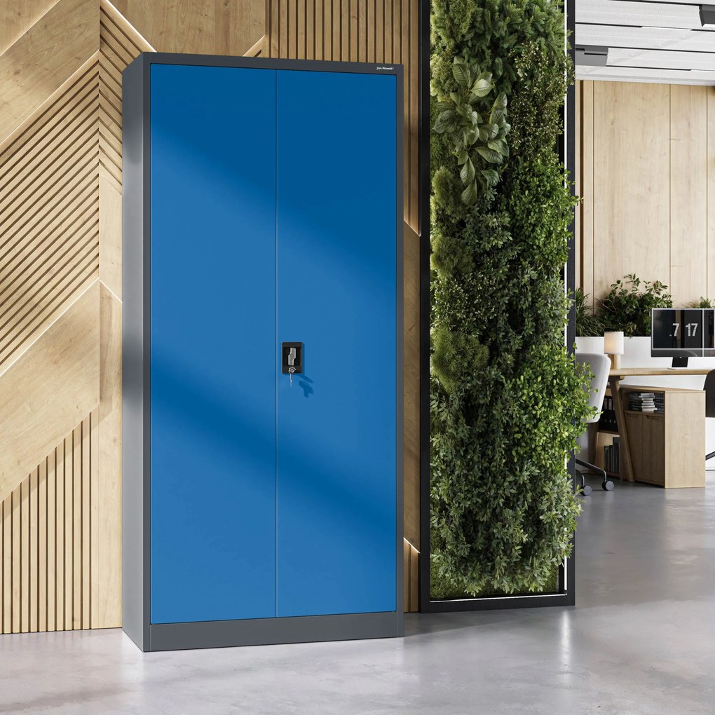 Szafa na dokumenty biurowa metalowa antracytowo-niebieska: JAN H, 900 x 1950 x 400 mm